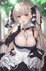 Rule 34 | 1girl, azur lane, bare shoulders, between breasts, black bow, black dress, black nails, blurry, bow, breasts, brown hair, cleavage, day, detached collar, dress, fingernails, forest, formidable (azur lane), frilled dress, frills, hair bow, hand up, highres, kon (k0n16), large breasts, long hair, long sleeves, looking at viewer, nail polish, nature, outdoors, parted lips, red eyes, smile, solo, sunlight, tree, twintails, upper body, very long hair