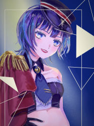 Rule 34 | 1girl, absurdres, artist name, artist request, asaka karin, black gloves, blue eyes, blue hair, blue hat, blue neckwear, blue ribbon, blush, breasts, cape, collarbone, crescent moon print, dark blue hair, dress, female focus, gloves, half gloves, hat, hat ribbon, heart, heart (symbol), heart print, highres, looking at viewer, love live!, love live! nijigasaki high school idol club, love live! school idol festival, love live! school idol festival all stars, mole, mole on body, mole on breast, parted lips, peaked cap, plaid, plaid dress, pleated, pleated dress, red cape, ribbon, short hair, small breasts, smile, solo, striped ribbon, teeth, tentation bleu (love live!), tie clip, upper body, wing collar