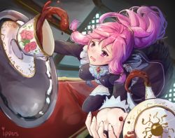 Rule 34 | 1girl, alternate costume, apron, blush, breasts, dress, dropping, enmaided, fingerless gloves, fire emblem, fire emblem: the sacred stones, frills, gloves, ippers, long hair, looking at viewer, maid, maid apron, maid headdress, marisa (fire emblem), medium breasts, nintendo, open mouth, pink hair, ponytail, purple eyes, purple hair, solo, tea, tears, waist apron, weapon