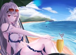 Rule 34 | 1girl, ahoge, arknights, arm support, bare shoulders, beach, beach umbrella, blue sky, blush, breasts, closed mouth, crazy straw, cup, day, drink, drinking glass, drinking straw, eyewear on head, grey hair, hand on own knee, heart straw, highres, knees up, large breasts, leaning back, long hair, looking back, navel, ocean, official alternate costume, orca hair ornament, outdoors, red-tinted eyewear, red hair, sitting, skadi (arknights), skadi (waverider) (arknights), sky, solo, sunglasses, table, thigh strap, tinted eyewear, umbrella, very long hair, water, yoshi-j