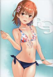 Rule 34 | 1girl, absurdres, bare shoulders, bikini, blush, bracelet, breasts, brown eyes, brown hair, coin, collarbone, floral print, flower, front-tie bikini top, front-tie top, gradient background, hair flower, hair ornament, highres, holding, jewelry, looking at viewer, misaka mikoto, navel, open mouth, raika9, scan, shiny skin, short hair, simple background, small breasts, solo, stomach, swimsuit, toaru kagaku no railgun, toaru majutsu no index