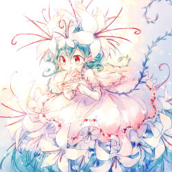 Rule 34 | 1girl, capelet, commentary request, covered mouth, dated commentary, dress, flower, frilled capelet, frilled dress, frills, full body, green hair, hair flower, hair ornament, hand to own mouth, hands up, lily (flower), long dress, long sleeves, medium hair, original, painttool sai (medium), pink capelet, pink dress, rakuni, red eyes, slit pupils, solo, white lily