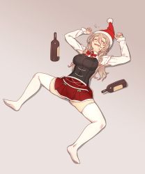 Rule 34 | 1girl, armpit cutout, black corset, bottle, bow, bowtie, closed eyes, clothing cutout, collared shirt, commentary request, corset, drunk, fur-trimmed headwear, fur trim, grey hair, hair between eyes, hat, highres, kantai collection, long sleeves, lying, miniskirt, on back, pola (kancolle), red bow, red bowtie, red hat, red skirt, santa hat, shirt, skirt, smile, solo, spread legs, thick eyebrows, thighhighs, wavy hair, white shirt, white thighhighs, wine bottle, yuuji (and)