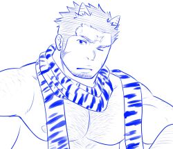Rule 34 | 1boy, bara, bare pectorals, blue theme, chest hair, cross scar, facial hair, hairy, houzouin oniwaka, large pectorals, long sideburns, looking at viewer, male focus, muscular, muscular male, nipples, official alternate costume, one eye closed, pectorals, porkjinta, scar, scar on face, scar on forehead, scarf, short hair, sideburns, solo, stubble, tokyo houkago summoners, upper body