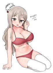 Rule 34 | 1girl, absurdres, bikini, breasts, brown eyes, cleavage, full body, grey hair, hair between eyes, hat, highres, kantai collection, large breasts, maru (marg0613), mini hat, one-hour drawing challenge, pola (kancolle), red bikini, simple background, solo, swimsuit, thick eyebrows, thighhighs, tilted headwear, wavy hair, white background, white hat, white thighhighs