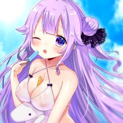 Rule 34 | 1girl, ;o, adapted costume, azur lane, bad id, bad pixiv id, bare arms, bare shoulders, between breasts, bikini, black bow, black ribbon, blue sky, blush, bow, breasts, cleavage, cloud, collarbone, commentary request, covered erect nipples, criss-cross halter, day, food, hair bun, hair ribbon, halterneck, hand up, highres, hinanosuke, holding, holding food, long hair, medium breasts, hugging object, one eye closed, one side up, outdoors, parted lips, popsicle, purple eyes, purple hair, ribbon, side bun, single hair bun, single side bun, skindentation, sky, solo, stuffed animal, stuffed toy, stuffed unicorn, stuffed winged unicorn, swimsuit, teeth, unicorn (azur lane), upper teeth only, very long hair, white bikini