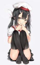 Rule 34 | 1girl, absurdres, beret, black hair, black skirt, black thighhighs, blush, brown eyes, brown hair, commentary request, crossed fingers, fate/kaleid liner prisma illya, fate (series), full body, grey background, hair between eyes, hair ornament, hairclip, hat, highres, homurahara academy school uniform, long hair, looking at viewer, miyu edelfelt, no shoes, pleated skirt, puffy short sleeves, puffy sleeves, school uniform, shirt, short sleeves, sidelocks, silver (chenwen), simple background, sitting, skirt, solo, thighhighs, twintails, white hat, white shirt, x fingers