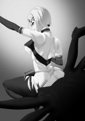 Rule 34 | 1girl, absurdres, arachne, arthropod girl, ass, bare back, bare shoulders, breasts, butt crack, commentary request, elbow gloves, extra eyes, from behind, gloves, greyscale, hair ornament, hairclip, highres, insect girl, koda1ra, large breasts, monochrome, monster girl, monster musume no iru nichijou, multiple legs, rachnera arachnera, short hair, smile, solo, spider girl, taur