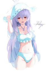 Rule 34 | 1girl, absurdres, aqua bikini, atsuko (blue archive), atsuko (swimsuit) (blue archive), bikini, blue archive, blush, breasts, chaciooh, cleavage, collarbone, cowboy shot, cropped legs, grey halo, hair between eyes, halo, hat, highres, jacket, jewelry, long hair, looking at viewer, official alternate costume, open clothes, open jacket, open mouth, pendant, purple hair, red eyes, see-through, see-through jacket, signature, simple background, small breasts, smile, solo, swimsuit, white background, white hat