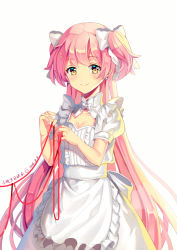 Rule 34 | 10s, 1girl, 2016, apron, bow, cleavage cutout, clothing cutout, dated, duzie e, earrings, frills, hair bow, highres, jewelry, kaname madoka, long hair, looking at viewer, mahou shoujo madoka magica, mahou shoujo madoka magica (anime), pink hair, puffy short sleeves, puffy sleeves, short sleeves, smile, solo, string, string of fate, two side up, ultimate madoka, very long hair, white background, yellow eyes