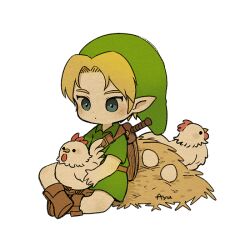 Rule 34 | 1boy, animal, ayu (mog), bird, blonde hair, blue eyes, boots, brown footwear, chicken, cucco, dot mouth, dot nose, egg, green headwear, green tunic, holding, holding animal, holding bird, link, male focus, nintendo, shield, shield on back, short hair, solo, sword, the legend of zelda, the legend of zelda: ocarina of time, weapon, weapon on back, wooden shield, young link