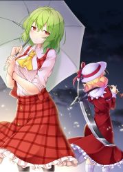 Rule 34 | 2girls, absurdres, aka tawashi, ascot, ass, blonde hair, blush, bow, breasts, commentary request, dress, elly (touhou), feet out of frame, from behind, green hair, green umbrella, hair between eyes, hat, hat bow, highres, holding, holding scythe, holding umbrella, holding weapon, juliet sleeves, kazami yuuka, large breasts, long sleeves, looking at viewer, multiple girls, over shoulder, pantyhose, petticoat, plaid, plaid skirt, plaid vest, puffy sleeves, red bow, red dress, red eyes, red ribbon, red skirt, red vest, ribbon, scythe, shirt, short hair, short sleeves, skirt, standing, touhou, touhou (pc-98), umbrella, vest, weapon, weapon over shoulder, white headwear, white shirt, wing collar, yellow ascot