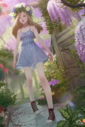 Rule 34 | 1girl, akekarat sumatchaya, arch, blue dress, blurry, bokeh, breasts, brown hair, cleavage, commentary, depth of field, dress, dutch angle, flower, flower on head, flower request, from below, full body, hair flower, hair ornament, head wreath, indoors, lips, long hair, nose, original, perspective, plant, shoes, small breasts, sneakers, solo, sundress, walking, webang111, wisteria