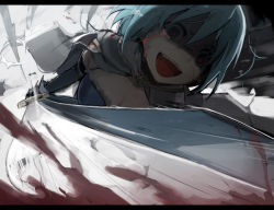 Rule 34 | 10s, 1girl, blood, bloody tears, blue eyes, blue hair, cape, crazy, crazy eyes, empty eyes, foreshortening, gloves, letterboxed, magical girl, mahou shoujo madoka magica, mahou shoujo madoka magica (anime), matching hair/eyes, miki sayaka, ookuma nekosuke, open mouth, perspective, solo, sword, tears, weapon
