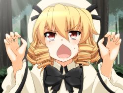 Rule 34 | 1girl, :&lt;, blonde hair, bow, chestnut mouth, claw pose, close-up, drill hair, eastern and little nature deity, female focus, gao, hat, kamo (yokaze), luna child, open mouth, red eyes, short hair, solo, sweatdrop, touhou, touhou sangetsusei