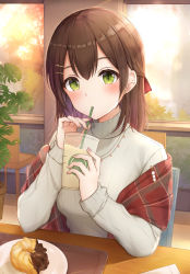 Rule 34 | 1girl, absurdres, blouse, blush, brown hair, chair, closed mouth, coffee, cup, disposable cup, drinking, drinking straw, drinking straw in mouth, food, green eyes, hair between eyes, hair ornament, highres, indoors, long sleeves, looking at viewer, medium hair, original, pastry, plaid, plaid scarf, plant, plate, scarf, shirt, sitting, solo, sweater, table, turtleneck, turtleneck sweater, white shirt, window, yukiunag1