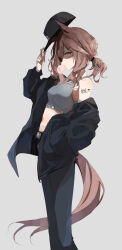 Rule 34 | 1girl, animal ears, baseball cap, black hat, black jacket, black pants, blowing bubbles, boc&#039;z (umamusume), breasts, brown hair, chewing gum, crop top, feet out of frame, from side, grey background, grey shirt, hair ornament, hairclip, hand in pocket, hat, highres, holding, holding clothes, holding hat, horse ears, horse girl, horse tail, jacket, long sleeves, low ponytail, matikane tannhauser (boc&#039;z) (umamusume), matikane tannhauser (umamusume), medium hair, midriff, multicolored hair, navel, ninjin nouka, off shoulder, open clothes, open jacket, pants, shaded face, shirt, short ponytail, simple background, small breasts, solo, standing, streaked hair, tail, tank top, umamusume, unworn hat, unworn headwear, yellow eyes