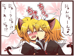 Rule 34 | 1boy, 1girl, alternate costume, animal ears, animal hands, blue eyes, blush, brother and sister, cat ears, cat paws, cat tail, closed eyes, fang, halftone, hetero, incest, kagamine len, kagamine rin, kemonomimi mode, kiss, kissing cheek, one eye closed, open mouth, ponytail, ribbon, school uniform, siblings, tail, tail ornament, tail ribbon, translated, twins, vocaloid, wince, zashiki usagi