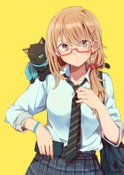 Rule 34 | 1girl, :/, ;3, absurdres, animal, animal on shoulder, bag, black cat, blue eyes, blue shirt, blue skirt, blush, bracelet, brown eyes, cat, cellphone, closed mouth, collarbone, collared shirt, earrings, glasses, hair over shoulder, hand on own chest, highres, holding, holding phone, jewelry, kazenoko, light brown hair, long hair, long sleeves, looking at viewer, low ponytail, necktie, one eye closed, original, phone, plaid, plaid skirt, pleated skirt, red-framed eyewear, semi-rimless eyewear, serious, shirt, shoulder bag, simple background, skirt, sleeves pushed up, smartphone, striped necktie, striped neckwear, stud earrings, under-rim eyewear, upper body, wing collar, yellow background