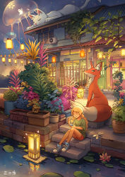 Rule 34 | 1girl, air conditioner, blonde hair, blouse, bug, butterfly, cat, closed eyes, door, dragonfly, facing away, flower, fox, green shirt, highres, insect, jellyfish, kitsu+3, lantern, lantern on liquid, long hair, lotus, night, original, outdoors, paper lantern, plant, scenery, shirt, short shorts, shorts, signature, sitting, sky, stairs, star (sky), starry sky
