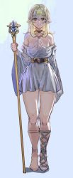 Rule 34 | 1girl, bare shoulders, blonde hair, blue background, bow (bhp), breasts, chinese commentary, choker, closed mouth, commentary request, copyright request, dress, gradient background, highres, holding, holding staff, looking at viewer, medium breasts, medium hair, pointy ears, red eyes, smile, solo, staff, white dress, yellow choker