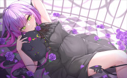 Rule 34 | alternate costume, black dress, blush, checkered floor, closed mouth, demon tail, dress, flower, green eyes, hololive, long hair, looking at viewer, lying, on back, petals, purple flower, purple hair, purple rose, rose, sleeveless, sleeveless dress, smile, tail, thighs, tokoyami towa, virtual youtuber, z.m. (zimin)