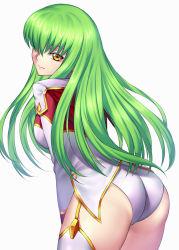 Rule 34 | 1girl, ass, bad id, bad pixiv id, breasts, c.c., closed mouth, code geass, commentary, from behind, garter straps, green hair, highres, jacket, legs together, leotard, long hair, long sleeves, looking at viewer, looking back, md5 mismatch, medium breasts, nasaniliu, resolution mismatch, shiny skin, smile, solo, standing, thighhighs, white leotard, white thighhighs, yellow eyes