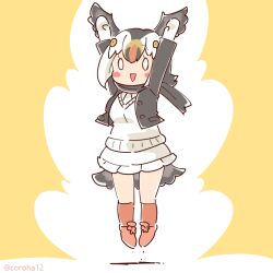 Rule 34 | 1girl, arms up, atlantic puffin (kemono friends), bird girl, bird tail, bird wings, cardigan, coroha, feathered wings, full body, gloves, head wings, jacket, jumping, kemono friends, looking at viewer, multicolored hair, shoes, short hair, simple background, skirt, socks, solo, tail, white hair, wings, yellow background