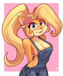 Rule 34 | absurdres, alex toons, arms behind back, blonde hair, blue overalls, border, breasts, cleavage, coco bandicoot, crash bandicoot (series), flower, furry, furry female, green eyes, hair flower, hair ornament, highres, initial, large breasts, long hair, looking at viewer, naked overalls, overalls, pink background, pink flower, ponytail, simple background, watermark, white border