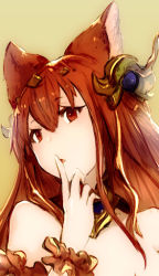 Rule 34 | 10s, 1girl, aku (haneonn), animal ears, anthuria, bare shoulders, commentary request, erune, eyebrows, finger to mouth, gorget, granblue fantasy, hair ornament, long hair, looking to the side, open mouth, red eyes, red hair, simple background, solo, upper body