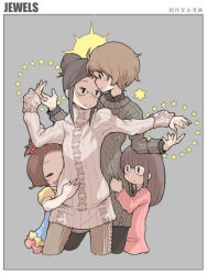 Rule 34 | 4girls, aged down, brown hair, closed eyes, couple, dual persona, from behind, glasses, grey background, holding hands, hug, m k, mother and daughter, multiple girls, original, own hands together, scrunchie, simple background, star (symbol), sweater, time paradox, turtleneck, turtleneck sweater, wife and wife, yuri