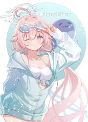 Rule 34 | 1girl, ;), ahoge, arm up, blue-tinted eyewear, blue archive, blue eyes, blue jacket, breasts, character name, cleavage, closed mouth, collarbone, commentary request, drawstring, eyewear on head, hair bobbles, hair ornament, halo, highres, hood, hood down, hooded jacket, hoshino (blue archive), hoshino (swimsuit) (blue archive), jacket, kurun (kurun777), long hair, long sleeves, low twintails, medium breasts, one eye closed, pink hair, puffy long sleeves, puffy sleeves, smile, solo, sunglasses, tinted eyewear, twintails, very long hair, white-framed eyewear