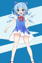 Rule 34 | 1girl, artist name, bare arms, bare legs, blue background, blue bow, blue dress, blue eyes, blue hair, bow, cirno, dress, hair between eyes, hair bow, hand on own hip, highres, ice, ice wings, looking at viewer, ochazuke, open mouth, red footwear, red neckwear, shoes, short dress, short sleeves, signature, socks, solo, standing, touhou, two-tone background, white socks, wings