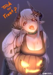 Rule 34 | 1girl, absurdres, arknights, bad id, bad pixiv id, black collar, black shirt, breasts, claw pose, cleavage, collar, cowboy shot, crop top, demon horns, hair ornament, hand up, highres, horns, infection monitor (arknights), jack-o&#039;-lantern, jacket, large breasts, leaning forward, long hair, long sleeves, looking at viewer, mudrock (arknights), mudrock (elite ii) (arknights), open clothes, open jacket, open mouth, pants, pointy ears, purple background, red eyes, shirt, simple background, solo, taozechi momoakai, teeth, tongue, tongue out, trick or treat, upper teeth only, white hair, white jacket, white pants