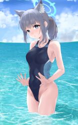 Rule 34 | 1girl, adjusting clothes, adjusting swimsuit, animal ear fluff, animal ears, black one-piece swimsuit, blue archive, blue eyes, breasts, competition swimsuit, covered navel, cowboy shot, cross hair ornament, extra ears, grey hair, hair ornament, halo, highleg, highleg swimsuit, highres, horizon, low ponytail, medium breasts, medium hair, mismatched pupils, multicolored clothes, multicolored swimsuit, ocean, official alternate costume, one-piece swimsuit, shiroko (blue archive), shiroko (swimsuit) (blue archive), solo, standing, swimsuit, wading, wolf ears, yume1432
