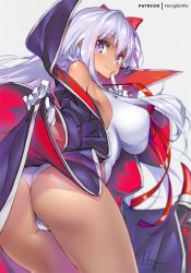 Rule 34 | 10s, 1girl, armpits, ass, bb (fate), bb (fate/extra), bb (swimsuit mooncancer) (third ascension) (fate), breasts, cape lift, cleft of venus, colored eyelashes, commentary, covered erect nipples, cowboy shot, fate/extra, fate/extra ccc, fate/grand order, fate (series), from behind, gloves, hair ribbon, highleg, highleg swimsuit, hong (white spider), impossible clothes, index finger raised, large breasts, leaning forward, lifting own clothes, long hair, looking at viewer, neck ribbon, one-piece swimsuit, partially visible vulva, purple eyes, purple hair, red ribbon, ribbon, signature, solo, swimsuit, tan, thighs, very long hair, white gloves, white one-piece swimsuit