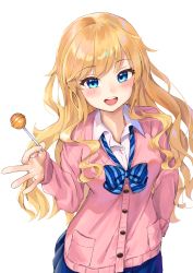 Rule 34 | 1girl, :d, blonde hair, blue bow, blue eyes, blue skirt, blush, bow, candy, cardigan, collared shirt, diagonal stripes, dress shirt, food, highres, holding, holding candy, holding food, holding lollipop, idolmaster, idolmaster cinderella girls, k mugura, lollipop, long hair, long sleeves, looking at viewer, ohtsuki yui, open mouth, pink cardigan, pleated skirt, round teeth, shirt, simple background, skirt, sleeves past wrists, smile, solo, striped, striped bow, teeth, upper teeth only, very long hair, white background, white shirt