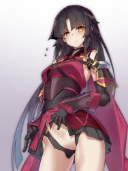 Rule 34 | 1girl, armor, black hair, blush, clothes lift, elbow gloves, fate/grand order, fate (series), gloves, japanese clothes, joints, katou danzou (fate), kodama yuu, long hair, looking at viewer, robot joints, skirt, skirt lift, solo, sweatdrop, yellow eyes