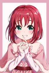 Rule 34 | 10s, 1girl, absurdres, blush, border, capelet, dress, finger to mouth, green eyes, hair down, highres, igarashi kyouhei, kurosawa ruby, looking at viewer, love live!, love live! school idol festival, love live! sunshine!!, own hands together, pink border, pink capelet, pink dress, red hair, short hair, smile, solo, teeth