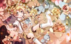 Rule 34 | 1boy, :o, blonde hair, bow, bowtie, bridal garter, character name, clothes writing, commentary, crown print, from above, grey eyes, heart, hekicha, highres, holding, holding stuffed toy, kagamine len, legs up, looking at viewer, lying, male focus, on back, open mouth, pillow, shirt, short sleeves, shorts, socks, solo, spiked hair, stitches, striped bow, striped bowtie, striped clothes, striped neckwear, stuffed animal, stuffed toy, suspender shorts, suspenders, teddy bear, vocaloid, white shirt, white socks, yellow shorts