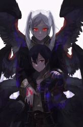 Rule 34 | 1boy, 1girl, aura, black hair, dark aura, fire emblem, fire emblem awakening, gimkamres04, grima (fire emblem), hand on another&#039;s shoulder, highres, hood, hood down, long hair, long sleeves, looking at viewer, morgan (fire emblem), morgan (male) (fire emblem), mother and son, nail polish, nintendo, parted lips, red eyes, robin (female) (fire emblem), robin (fire emblem), short hair, simple background, slit pupils, smile, twintails, white background, wings