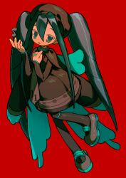 Rule 34 | 1girl, absurdres, aqua cape, beret, black pantyhose, blue eyes, blue hair, brown cape, brown dress, bug miku (project voltage), cape, creatures (company), dress, drill hair, expressionless, foot up, full body, game freak, hair between eyes, hair through headwear, hand on own chest, hat, hatsune miku, highres, jewelry, long hair, long sleeves, looking at viewer, medlic, music, musical note, nintendo, pantyhose, pokemon, project voltage, red background, ring, sidelocks, simple background, singing, solo, twin drills, two-tone cape, very long hair, vocaloid, white nails