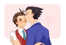 Rule 34 | 2boys, ace attorney, antenna hair, apollo justice, black hair, blue jacket, blue necktie, blush, brown eyes, brown hair, buttons, closed eyes, closed mouth, collared shirt, fingernails, forked eyebrows, hand on another&#039;s arm, hand on another&#039;s back, heart, highres, jacket, kaji sayaka (chouchou387), kiss, lapels, looking at another, male focus, multiple boys, necktie, one eye closed, phoenix wright, pink background, profile, red vest, shirt, short hair, simple background, spiked hair, suit jacket, vest, white shirt, yaoi