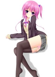 Rule 34 | 1girl, braid, clothes pull, full body, hair ribbon, highres, legs, nail polish, panties, panty pull, pantyhose, pantyhose pull, pink hair, pink nails, pink panties, purple ribbon, ribbon, school uniform, serafuku, side ponytail, smile, solo, underwear, white background, yoye (pastel white)