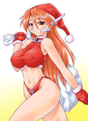 Rule 34 | 1girl, breasts, christmas, covered erect nipples, gloves, hat, huge breasts, neriwasabi, red gloves, robot ears, sack, santa hat, serio (to heart), solo, to heart, to heart (series)