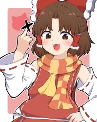 Rule 34 | 1girl, :3, :d, absurdres, ascot, bad id, bad pixiv id, benikurage (cookie), blush, bow, brown eyes, brown hair, commentary request, cookie (touhou), detached sleeves, fangs, frilled bow, frills, hair bow, hair tubes, hakurei reimu, half updo, highres, looking at viewer, middle finger, open mouth, orange scarf, parted bangs, red bow, red shirt, ribbon-trimmed sleeves, ribbon trim, sarashi, scarf, shirt, short hair, sleeveless, sleeveless shirt, smile, solo, striped clothes, striped scarf, totozame, touhou, upper body, white sleeves, yellow ascot, yellow scarf
