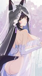 Rule 34 | 1girl, absurdres, animal ear fluff, animal ears, ass, ass cutout, azur lane, backless outfit, bare shoulders, black hair, bridal gauntlets, bridal veil, bride, butt crack, clothing cutout, dress, facial mark, fox ears, fox girl, fox tail, from behind, highres, kitsune, long hair, looking at viewer, looking back, musashi (azur lane), musashi (purest wisteria) (azur lane), official alternate costume, ping zhong yu, see-through, solo, tail, veil, wedding dress, whisker markings, white dress