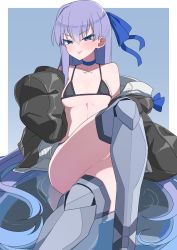 Rule 34 | 1girl, akitokage, armor, bad id, bad pixiv id, bare shoulders, bikini, black bikini, black jacket, blue background, blue bow, blue eyes, blush, border, bow, breasts, choker, closed mouth, collarbone, crossed legs, fate/grand order, fate (series), greaves, highres, hood, hood up, jacket, long hair, long sleeves, looking at viewer, meltryllis, meltryllis (fate), meltryllis (swimsuit lancer) (fate), meltryllis (swimsuit lancer) (first ascension) (fate), off shoulder, open clothes, open jacket, partially submerged, prosthesis, prosthetic leg, purple hair, sitting, sleeves past fingers, sleeves past wrists, small breasts, smile, solo, swimsuit, thighs, tongue, tongue out, very long hair, water, white border
