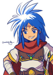 Rule 34 | 1boy, armor, belt, blue eyes, blue hair, breastplate, breath of fire, breath of fire i, facial mark, jewelry, mukubirdy, necklace, ryuu (breath of fire i), scarf, signature, smile, solo, sword, weapon