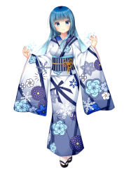 Rule 34 | 1girl, black footwear, blue eyes, blue hair, blue kimono, closed mouth, commentary request, copyright request, floral print, fujikura ryuune, gradient kimono, japanese clothes, kimono, long hair, long sleeves, looking at viewer, obi, official art, print kimono, sandals, sash, simple background, smile, solo, standing, tabi, white background, white kimono, white legwear, wide sleeves, zouri